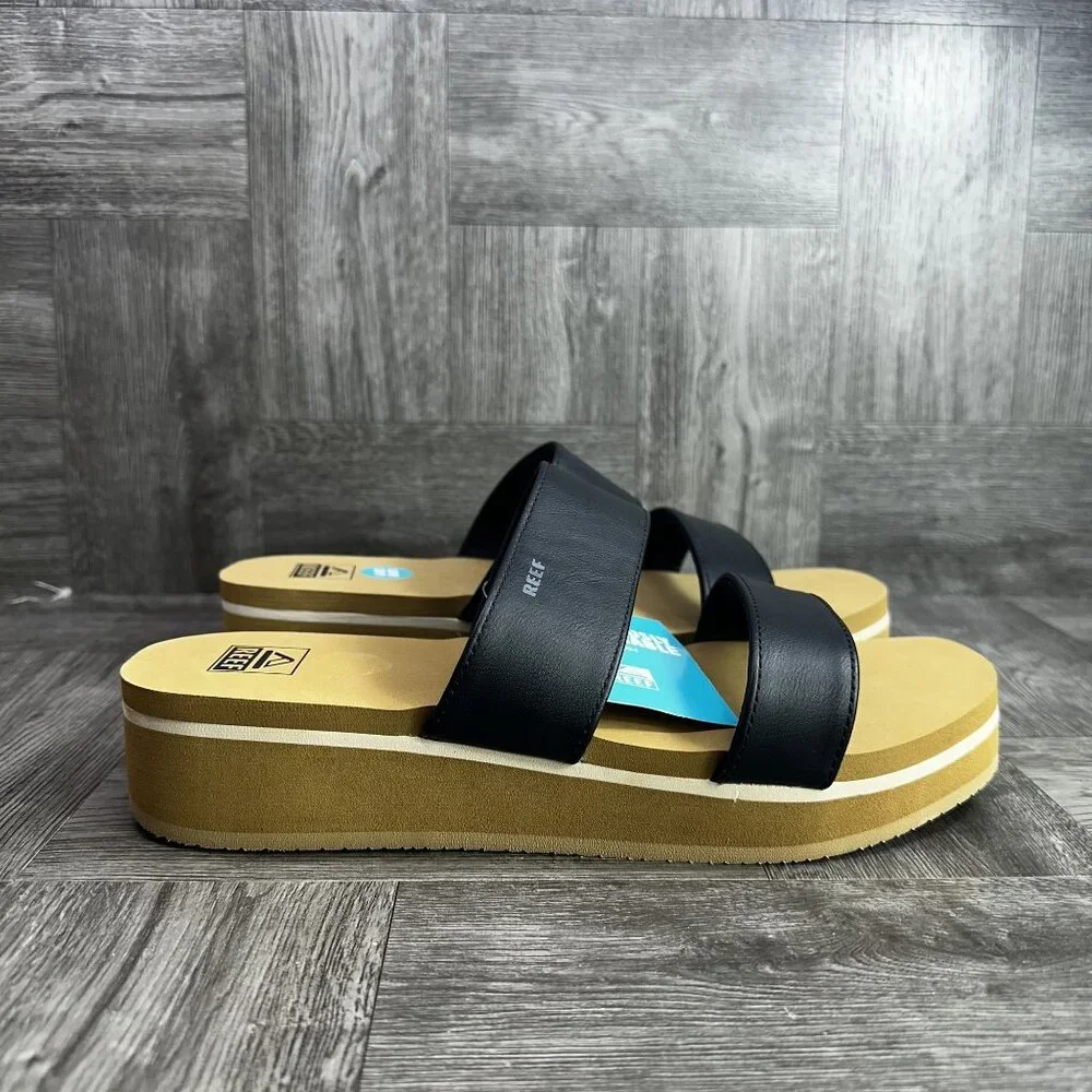Reef Vista Hi Black Tan Platform Sandals Vegan Leather Slides Women Size 10